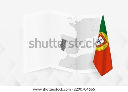 A grayscale map of Portugal with a hanging Portuguese flag on one side. Vector map for many types of news. Vector illustration.