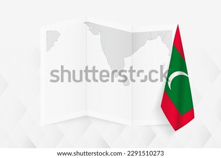A grayscale map of Maldives with a hanging Maldivian flag on one side. Vector map for many types of news. Vector illustration.