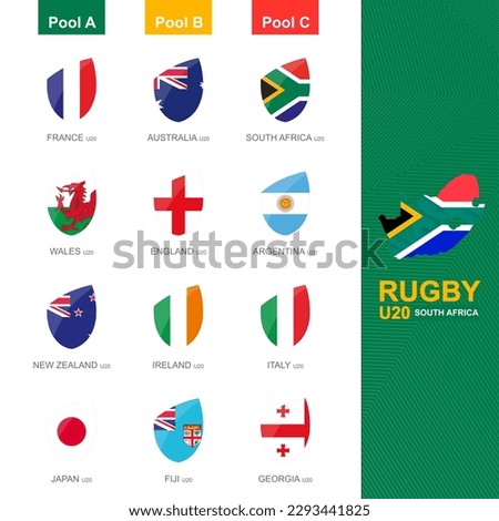 Flags in Rugby style sorted by pool for U20 rugby competition, rugby icon set. Vector collection.