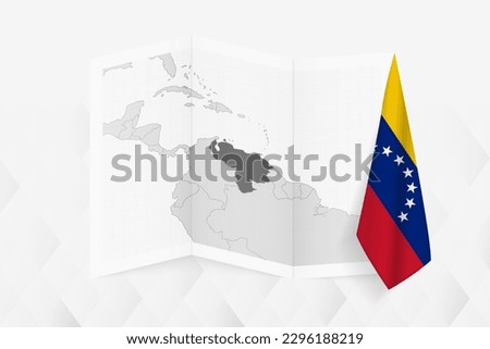 A grayscale map of Venezuela with a hanging Venezuelan flag on one side. Vector map for many types of news. Vector illustration.
