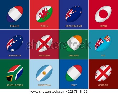 12 Flags in the Style of a Rugby Ball. Flag of Rugby U20 Competition Participants on Color Background.