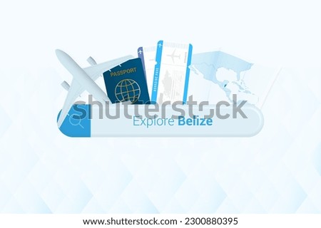 Searching tickets to Belize or travel destination in Belize. Searching bar with airplane, passport, boarding pass, tickets and map. Vector illustration.