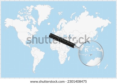 Magnifying glass showing a map of East Timor on a world map. East Timor flag and map enlarge in lens. Vector Illustration.