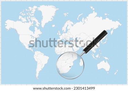 Magnifying glass showing a map of Swaziland on a world map. Swaziland flag and map enlarge in lens. Vector Illustration.