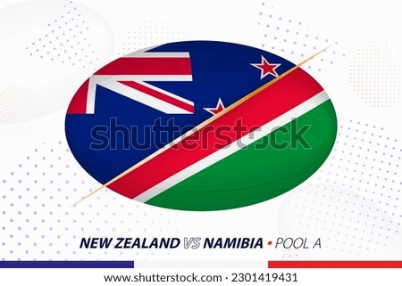 Rugby match between New Zealand and Namibia, concept for rugby tournament. Vector flags stylized in shape of oval ball.