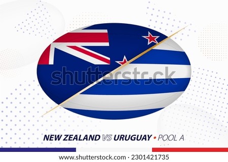 Rugby match between New Zealand and Uruguay, concept for rugby tournament. Vector flags stylized in shape of oval ball.