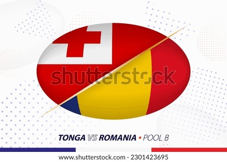 Rugby match between Tonga and Romania, concept for rugby tournament. Vector flags stylized in shape of oval ball.