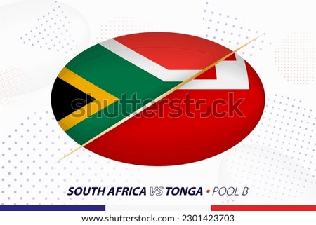 Rugby match between South Africa and Tonga, concept for rugby tournament. Vector flags stylized in shape of oval ball.