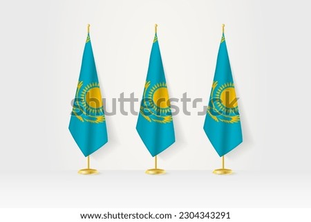 Three Kazakhstan flags in a row on a golden stand, illustration of press conference and other meetings. Vector illustration.