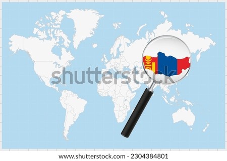 Magnifying glass showing a map of Mongolia on a world map. Mongolia flag and map enlarge in lens. Vector Illustration.