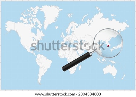 Magnifying glass showing a map of South Korea on a world map. South Korea flag and map enlarge in lens. Vector Illustration.