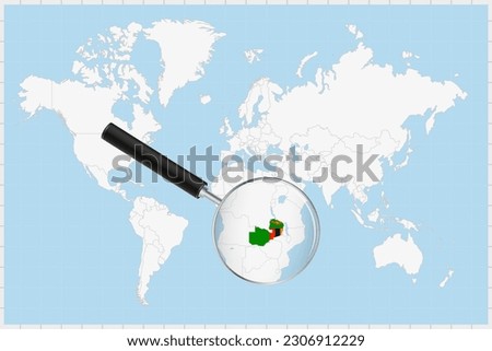 Magnifying glass showing a map of Zambia on a world map. Zambia flag and map enlarge in lens. Vector Illustration.