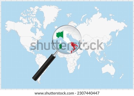 Magnifying glass showing a map of Italy on a world map. Italy flag and map enlarge in lens. Vector Illustration.