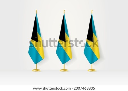 Three The Bahamas flags in a row on a golden stand, illustration of press conference and other meetings. Vector illustration.