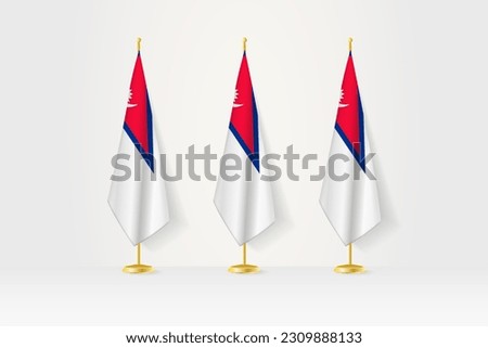 Three Nepal flags in a row on a golden stand, illustration of press conference and other meetings. Vector illustration.