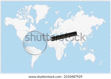 Magnifying glass showing a map of Dominica on a world map. Dominica flag and map enlarge in lens. Vector Illustration.