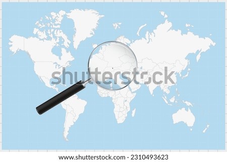 Magnifying glass showing a map of Liechtenstein on a world map. Liechtenstein flag and map enlarge in lens. Vector Illustration.