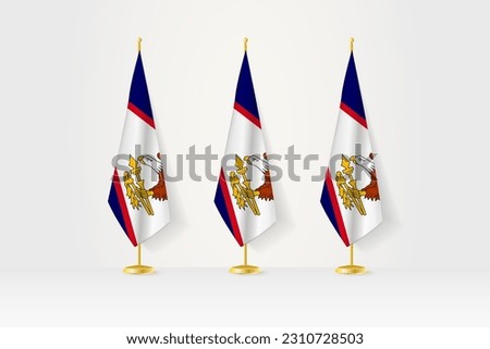 Three American Samoa flags in a row on a golden stand, illustration of press conference and other meetings. Vector illustration.
