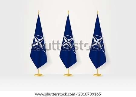 Three Nato flags in a row on a golden stand, illustration of press conference and other meetings. Vector illustration.