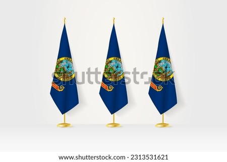 Three Idaho flags in a row on a golden stand, illustration of press conference and other meetings. Vector illustration.