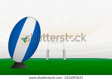 Nicaragua national team rugby ball on rugby stadium and goal posts, preparing for a penalty or free kick. Vector illustration.
