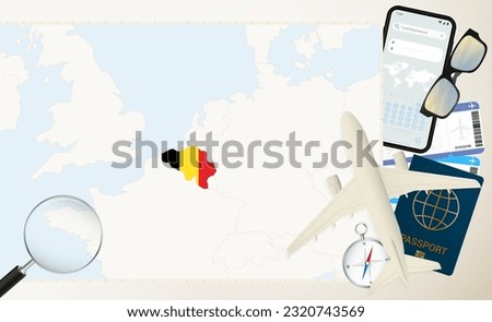 Belgium map and flag, cargo plane on the detailed map of Belgium with flag, passport, magnifying glass and airplane. Vector template.