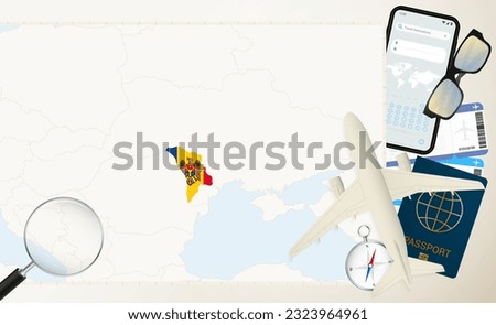 Moldova map and flag, cargo plane on the detailed map of Moldova with flag, passport, magnifying glass and airplane. Vector template.
