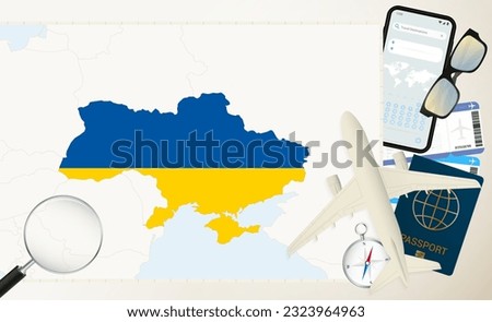 Ukraine map and flag, cargo plane on the detailed map of Ukraine with flag, passport, magnifying glass and airplane. Vector template.