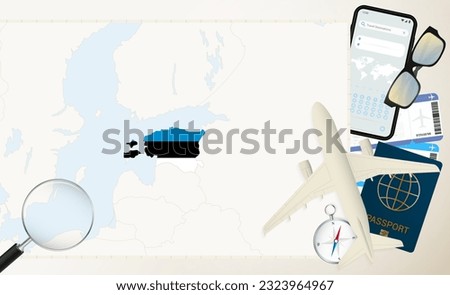 Estonia map and flag, cargo plane on the detailed map of Estonia with flag, passport, magnifying glass and airplane. Vector template.