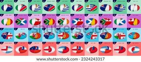 Collection of Rugby icons for international competition 2023, all games versus icon of group stage in shape of rugby ball. Big icon collection.