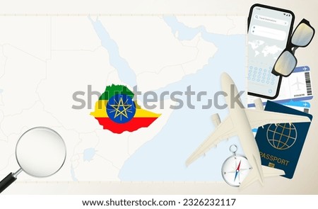 Ethiopia map and flag, cargo plane on the detailed map of Ethiopia with flag, passport, magnifying glass and airplane. Vector template.