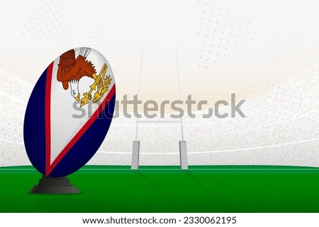 American Samoa national team rugby ball on rugby stadium and goal posts, preparing for a penalty or free kick. Vector illustration.