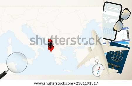 Albania map and flag, cargo plane on the detailed map of Albania with flag, passport, magnifying glass and airplane. Vector template.