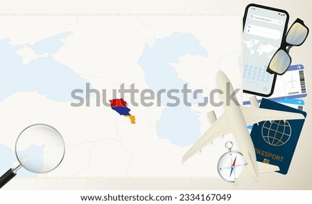 Armenia map and flag, cargo plane on the detailed map of Armenia with flag, passport, magnifying glass and airplane. Vector template.