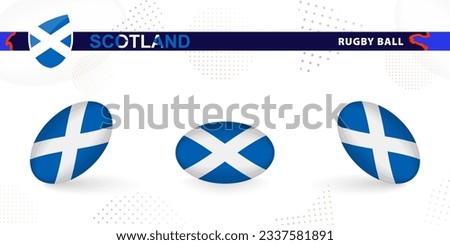 Rugby ball set with the flag of Scotland in various angles on abstract background. Rugby vector collection.