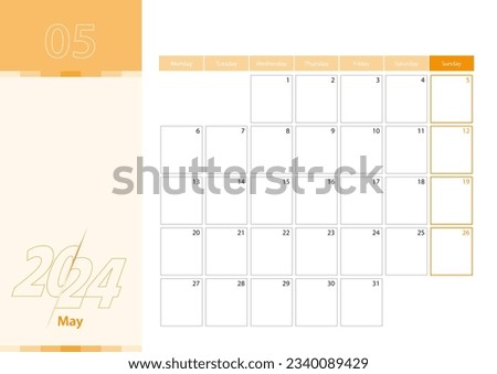 Horizontal planner for May 2024 in the orange color scheme. The week begins on Monday. A wall calendar in a minimalist style. Vector calendar 2024.