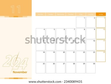 Horizontal planner for November 2024 in the orange color scheme. The week begins on Monday. A wall calendar in a minimalist style. Vector calendar 2024.