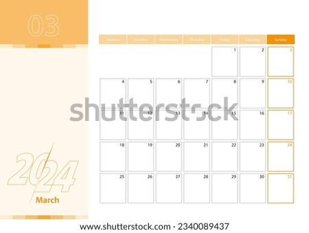 Horizontal planner for March 2024 in the orange color scheme. The week begins on Monday. A wall calendar in a minimalist style. Vector calendar 2024.