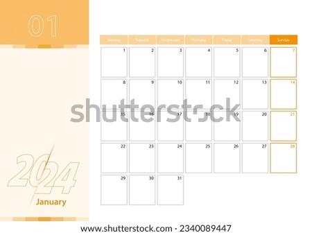 Horizontal planner for January 2024 in the orange color scheme. The week begins on Monday. A wall calendar in a minimalist style. Vector calendar 2024.