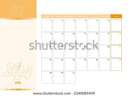 Horizontal planner for July 2024 in the orange color scheme. The week begins on Monday. A wall calendar in a minimalist style. Vector calendar 2024.