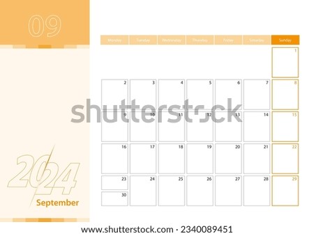Horizontal planner for September 2024 in the orange color scheme. The week begins on Monday. A wall calendar in a minimalist style. Vector calendar 2024.