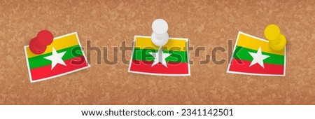 Myanmar flag pinned in cork board, three versions of Myanmar flag. Vector pushpins and flag set.