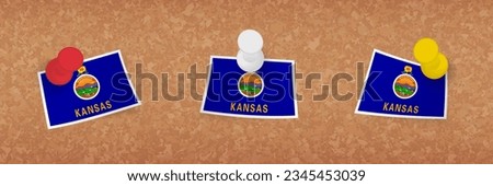 Kansas flag pinned in cork board, three versions of Kansas flag. Vector pushpins and flag set.