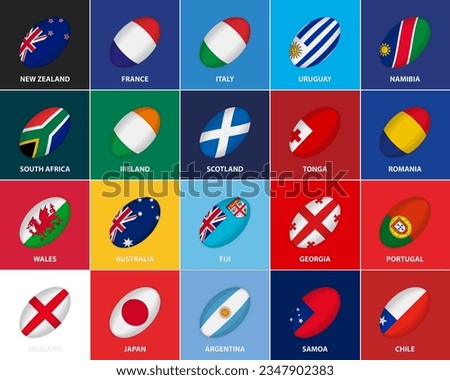 20 Flags in the Style of a Rugby Ball. Flag of International Rugby Competition 2023 Participants on Color Background.