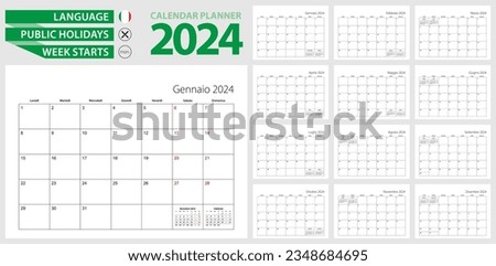 Italian calendar planner for 2024. Italian language, week starts from Monday. Vector calendar template for Italy, Switzerland, San Marino and other.