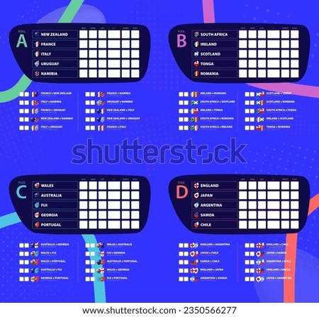 Pool matches schedule with national flags of participants rugby tournament 2023. Vector illustration.