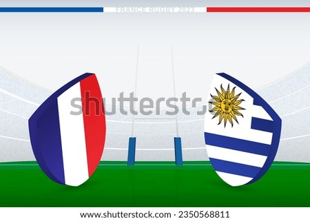 Match between France and Uruguay, illustration of rugby flag icon on rugby stadium. Vector illustration.