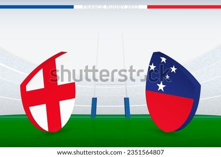 Match between England and Samoa, illustration of rugby flag icon on rugby stadium. Vector illustration.