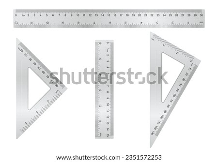 Metal ruler collection. Short, long and triangle ruler with different type of measure. Vector school equipment set.