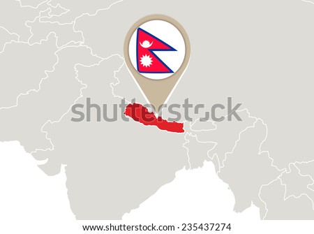 Map with highlighted Nepal map and flag